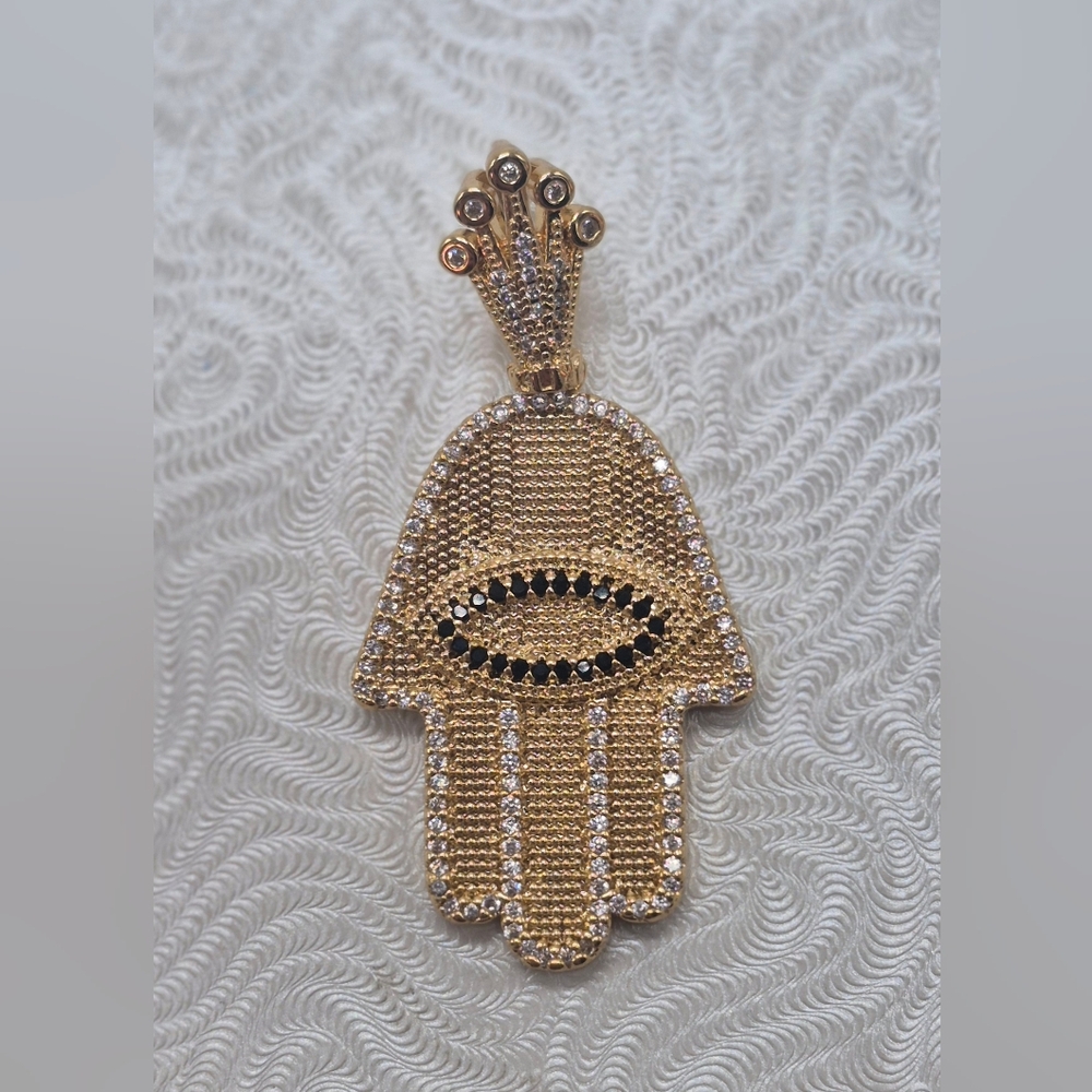 14k GF Gold and Black Hamsa Hand Pendant